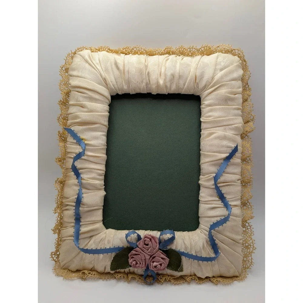 Vintage Grannycore Sateen Picture Frame Blue and Cream Floral Lace Handmade